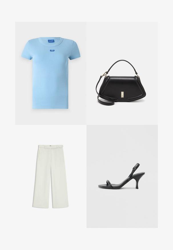 Helles, blaues geripptes T-Shirt mit Rundhalsausschnitt und kurzen Ärmeln. Hat ein kleines blaues Logo-Label auf der Brust. Glatte Textur.; Weite Hose aus zartem Creme-Stoff, mit seitlichen Taschen, flatem Bund und einer Knopfverschluss an der Taille. Glatte Textur.; Schwarze Leder-Sandalen mit hohen Absätzen, schlankem, gebogenem Absatz und gekreuztem Riemendesign. Verstellbarer Knöchelriemen. Glatte Textur.; Schwarze Lederhandtasche mit einem strukturierten Design, das eine verkürzte Form, einen oberen Griff und goldfarbene Hardware-Details aufweist. Verstellbarer Schulterriemen ist enthalten.