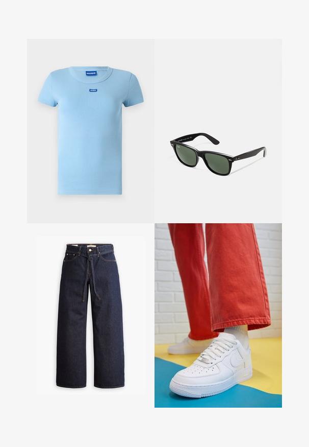 Šviesiai mėlynas raukšlėtas marškinėliai su apvaliu kaklu ir trumpomis rankovėmis. Dėvima maža mėlyna logotipo etiketė ant krūtinės. Lygi tekstūra.; Plačios kojų tamsiai mėlynos džinsinės kelnės su aukštu liemeniu, turinčios raištį, penkias kišenes ir kontrastingas siūles.; Baltos odinės kedų sportbačiai su perforuotu pirštu, tekstūruota pado dalimi ir baltais raišteliais, derinami su plačiomis raudonomis kelnėmis ir mėlynos bei geltonos spalvų fono kompozicija.; Juodi plastikiniai saulės akiniai su žaliais objektyvais, kvadratiniais rėmeliais, sidabriniu akcentu ant antakio ir tekstūruotais šventyklų šakutėmis. Vidinėje šakutėje nurodyta prekės ženklo pavadinimas.