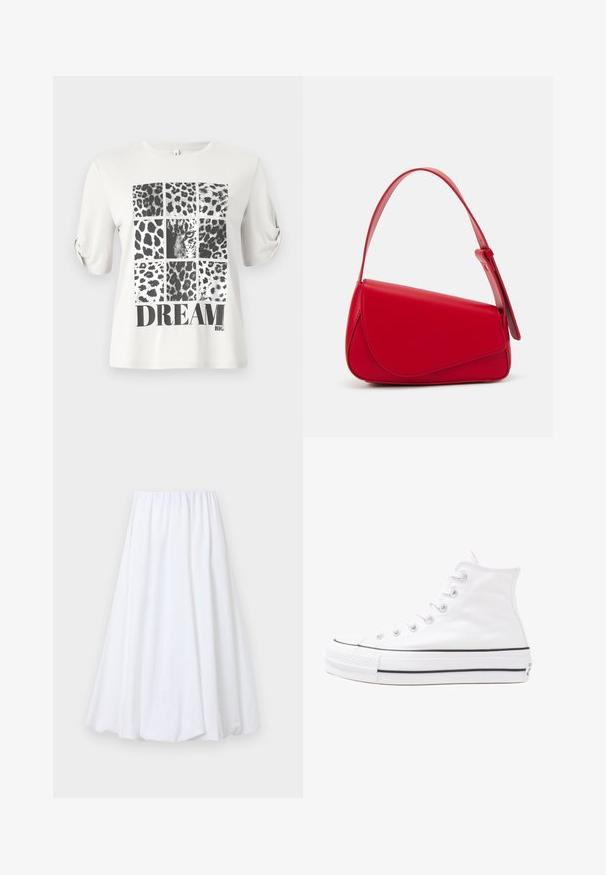 Witte T-shirt met een collage van luipaardprint in zwart en grijs, met "DREAM" in vetgedrukte zwarte letters onderaan.; Witte enkellange rok met een elastische tailleband, gemaakt van lichte stof met een zachte textuur en een vloeiende pasvorm.; Witte high-top canvas sneakers met een zwarte rubberen zool, een rubberen neuskap aan de voorkant en zes gaatjes voor veters, met een schone, minimalistische uitstraling.; Rode leren handtas met een hoekig, geometrisch ontwerp. Beschikt over een enkele verstelbare schouderriem en een klepclosure met gestikte details.