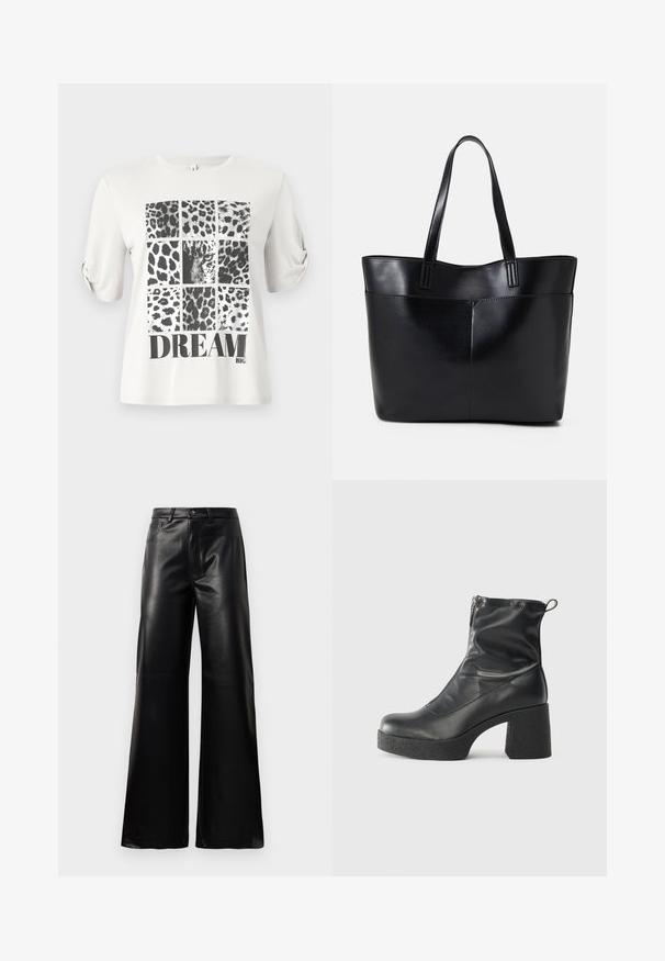 T-shirt branca com um colagem de padrão de Leopardo em preto e cinza, com a palavra "DREAM" impressa em letras pretas em negrito na parte inferior.; Calças largas de imitação de couro pretas, de cintura alta, com botão frontal, fecho de correr, passadores de cinto e bolsos laterais sobre fundo branco.; Botas de tornozelo pretas feitas de couro liso, com fecho lateral, salto grosso texturizado e design de bico arredondado.; Bolsa tote preta em couro com duas alças longas, textura suave e forma estruturada. Apresenta um bolso frontal para armazenamento adicional.