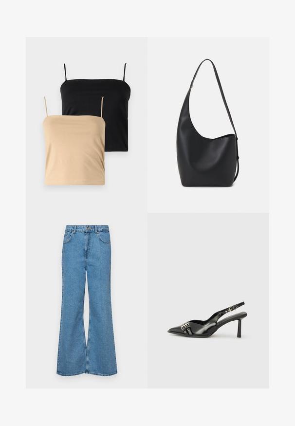 Dvě tílka, jedno černé a jedno béžové. Vyrobená z měkkého, elastického materiálu s tenkými ramínky a přiléhavým tvarem.; Světle modré rozšířené džíny z denimu, se zvýšeným pasem, pěti kapsami a jedním knoflíkem na zapínání. Měkký povrch s vybledlým vzhledem.; Černá lakovaná slingback obuv s špičatou špičkou, kotníkovými pásky s kovovými sponami a příslušenstvím, a štíhlým podpatkem.; Černá kožená hobo taška s hladkým povrchem, zakřiveným tvarem a jedním nastavitelným popruhem; má široké otevírání nahoře.