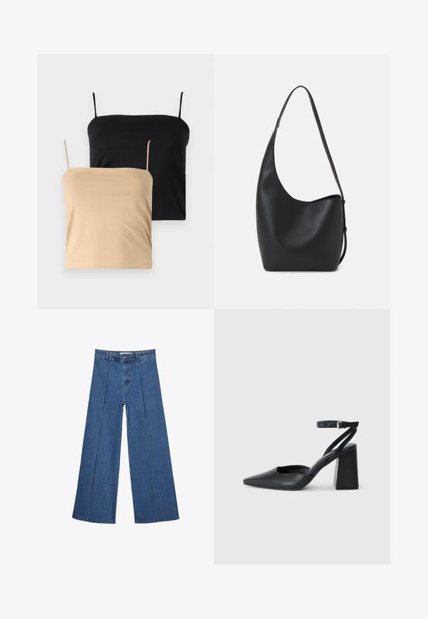 Dva topa bez rukava, jedan crni i jedan bež. Izrađeni od mekog, rastezljivog materijala s tankim trakama i prilagođenim oblikom.; Široke traperice u srednje plavoj boji, s visokim strukom, zatvaranjem na dugme i kontrastnim vertikalnim šavovima duž prednje strane.; Crne kožne cipele s špicastim vrhom, remenom oko gležnja i debelim potplatom. Ravna tekstura, elegantan dizajn i minimalistička estetika.; Crna kožna hobo torba s glatkom teksturom, zakrivljenim oblikom i jednom podesivom trakicom; ima širok otvor na vrhu.