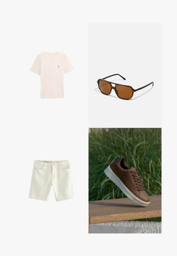 Kreminė medvilninė marškinėliai trumpomis rankovėmis, su apvalia iškirpte ir mažuoju žaliu geometriniu logotipu kairėje krūtinės pusėje. Minkšta tekstūra, paprastas dizainas.; Balti džinsiniai šortai su tiesiu kirpimu, penkių kišenių dizainu ir mygtukų uždarymu. Tekstūruotas audinys, švarios linijos ir minimalistinis stilius.; Rudos odinės sportinės bateliai su balta guma padais, suapvalinta nosimi ir rudomis raišteliais. Tekstūruota atrama ant padais ir lygus paviršius viršuje.; Suklėtos akiniai nuo saulės su rudais lęšiais, stačiakampio formos ir metalinėmis apdailomis ant rėmo. Išmanus dizainas su plonais šonais.