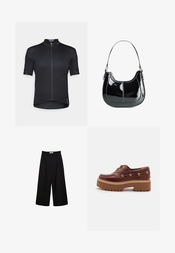 Črna kratkoročna kolesarska majica z visokim ovratnikom, sprednjim zadrgo in diskretno teksturirano tkanino. Ima ojačane šive in ukrivljen rob.; Črne široke hlače s visokim pasom, sploščeno spredaj in gumbom za zapiranje. Narejene so iz gladkega materiala s krojem po meri.; Rjavi usnjeni čolnar s debelim rjavim gumijastim podplatom, zlatimi luknjicami in kontrastnim šivom. Ima logotip na strani.; Črna patentna usnjena torbica s ukrivljenim dizajnom, zadrgo in eno naramnico, ki ima kovinske dodatke srebrne barve in šive.