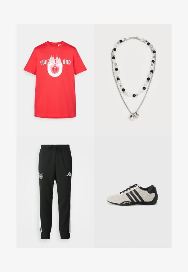 Rode katoenen T-shirt met "Zwitserland" in witte letters, voorzien van een cirkelvormig grafisch ontwerp met het Zwitserse logo. Korte mouwen.; Zwarte sweatpants met een trekkoord in de taille, voorzien van witte zijstrepen, een embleem met vijf sterren en een Adidas-logo op de dij.; Adidas sportschoen met een gestructureerde, lichtgrijze bovenkant en zwarte leren accenten. Voorzien van een zwart drie-strepenlogo en een gevoerde zool.; Twee-laags ketting met zilveren ketting, gemengde kralen in zwart, wit en crème, met decoratieve bedels die lijken op dobbelstenen en een bal.