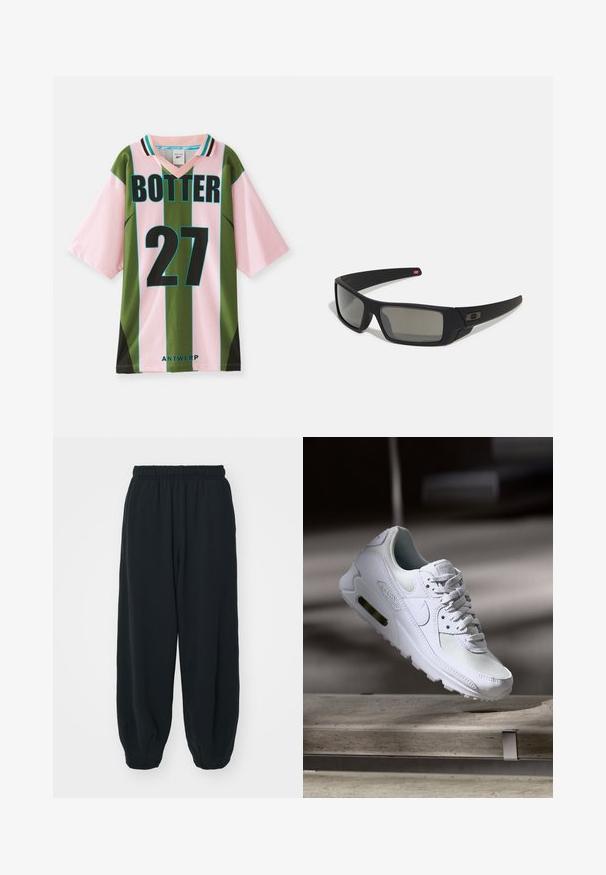 Žalias ir rožinis dryžuotas džersis su V formos iškirpte, su juodu numeriu 27, „BOTTER“ užrašyta viršuje ir „ANTWERP“ apačioje.; Juodi, su elastiniu juosmeniu sportiniai kelnės su laisvu siluetu, suapvalintais kulkšnimis, lygia tekstūra ir be matomų raštų ar metalinių akcentų.; Baltos Nike Air Max 90 sportbačiai su.comi ir odos viršumi, perforuota pirštų dėžute ir matomu oro pagalvėle kulne.; Juodi akiniai saulės su matinio paviršiaus užbaigimu, stačiakampiai lęšiai, švelnus lenkimas ant šventyklų, subtilus logotipo detalizavimas ir dūminiai lęšiai.