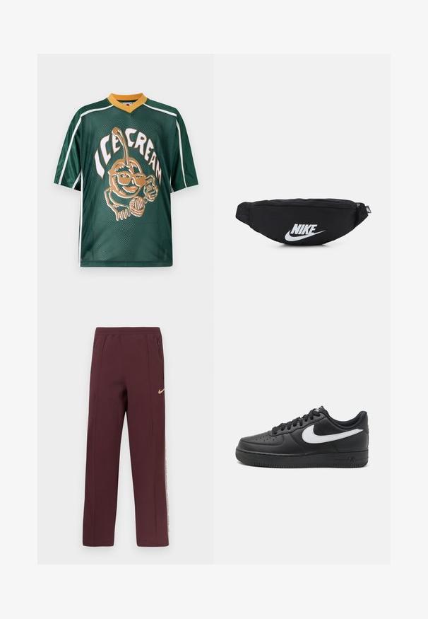 Žalia tinklinė marškinė, puošti dideliu ledų piešiniu oranžinės ir baltos spalvos, su geltona apykakle ir baltomis detalėmis ant rankovių.; Bordo sportiniai kelnės su lygiu paviršiumi, šoninėmis kišenėmis su užtrauktuku ir baltu juosteliu su tekstu ant išorinių siūlių. Aukso spalvos Nike logotipas.; Juodi Nike Air Force 1 sportbačiai su lygia odine viršutine dalimi, balta logotipo akcentu, perforuota nosimi ir tekstūruotu guminio pado.; Juodas nertinis fanny pack'as su užtrauktuku, su dideliu baltu "Nike" logotipu. Lygus paviršius ir ergonomiškas dizainas patogiam nešimui.