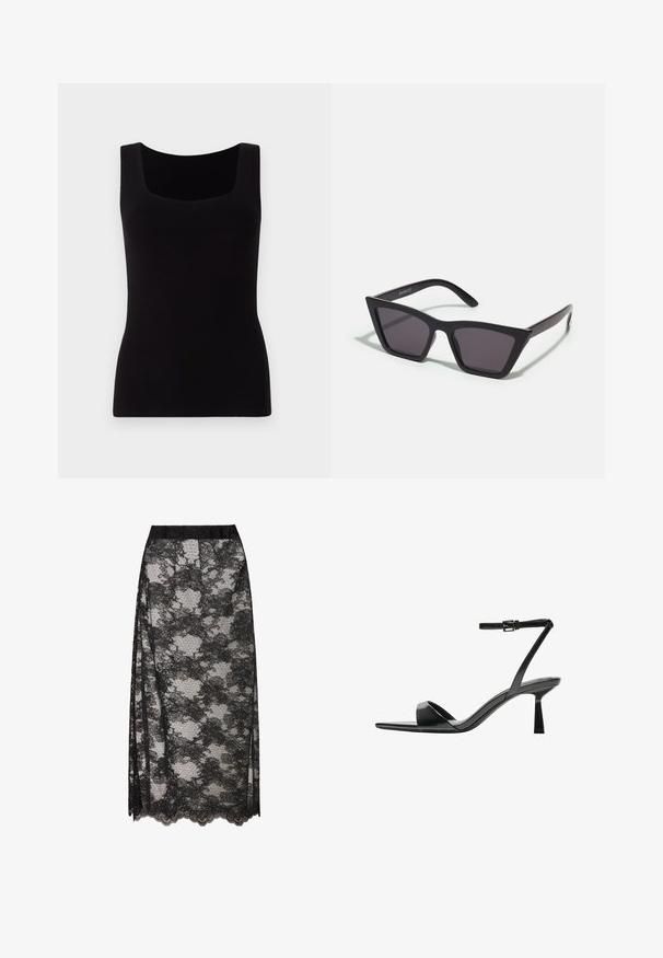 Fekete, ujjtalan felső négyzet alakú nyakkivágással, testhezálló fazonnal és sima, rugalmas anyaggal. Látható minták vagy díszítések nélkül.; Fekete csipke szoknya fodros szegéllyel, virágmintával és átlátszó textúrával. Rugalmas derékpánt a kényelmes viseletért.; Bershka Magas sarkú szandálok - black; Fekete, szögletes napszemüveg szürke lencsékkel; műanyagból készült, vastag karokkal, sima felülettel és látható hardver nélkül.; Fekete bőr kézitáska lekerekített, kontúros formával, aranyszínű zárással és egyetlen állítható pánttal. Sima felület.