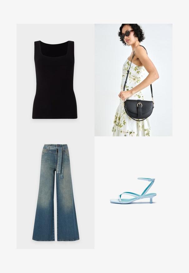 Černý top bez rukávů se čtvercovým výstřihem, přiléhavý střih a hladký, elastický materiál. Žádné viditelné vzory ani ozdobné prvky.; Džínové kalhoty širokého střihu s přechodem od světlé k tmavě modré, vysokým pasem, poutky na opasek a odpovídajícím opaskem ze stejného materiálu. Texturovaná džínovina.; Světle modré sandály na tenkých řemíncích se čtveratou špičkou, nízkým podpatkem, nastavitelným řemínkem kolem kotníku a hladkým, lesklým povrchem. Křížově umístěné řemínky na podešvi.; Černá kožená kabelka s křivkovým tvarem, odnímatelným popruhem a zlatými detaily. Kabelka má klopu s přezkou.