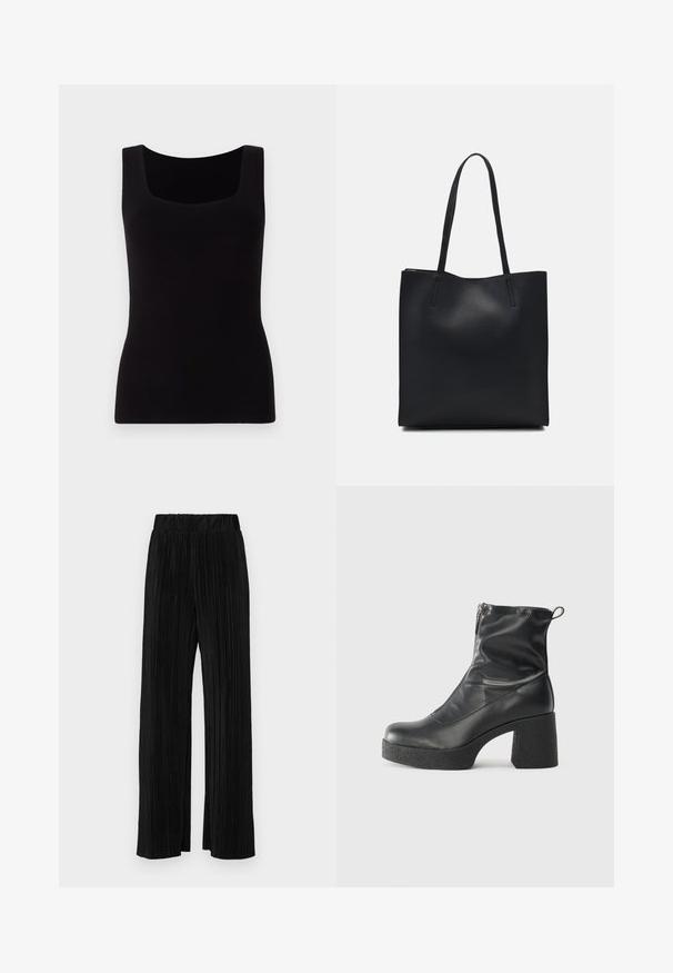 Black sleeveless top with a square neckline, fitted design, and smooth, stretchable fabric. No visible patterns or embellishments.; Black pleated trousers with an elastic waistband. Features wide legs and a smooth, textured fabric with vertical stripes.; Black ankle boots made of smooth leather, featuring a side zipper, chunky textured heel, and rounded toe design.; Black leather tote bag with smooth texture, rectangular shape, and two long handles. No visible hardware or embellishments.