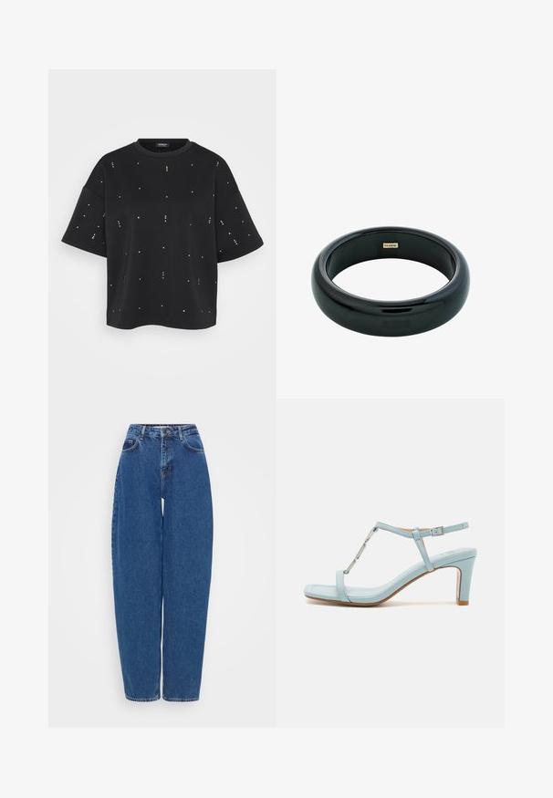 Čierna krátkosrstá košeľa vyrobená z mäkkej tkaniny, s roztrúsenými kovovými cvočkami ako ozdobou. Jednoduchý okrúhly výstrih a voľný strih.; Modré džíny z denimu s voľným strihom, vysokým pásom a rovnými nohavicami. Vlastnosti zahŕňajú tradičné šitie a päť vreciek.; Svetlomodré sandále na vysokom podpätku so členkovým remienkom a štvorcovým špičkovým dizajnom, s kovovým akcentom a elegantnou, hladkou koženou textúrou.; Čierny živicový náramok s hladkým, lesklým povrchom a zaoblenými hranami. Na vnútorné strane sa nachádza malé zlaté logo "Pilgrim".