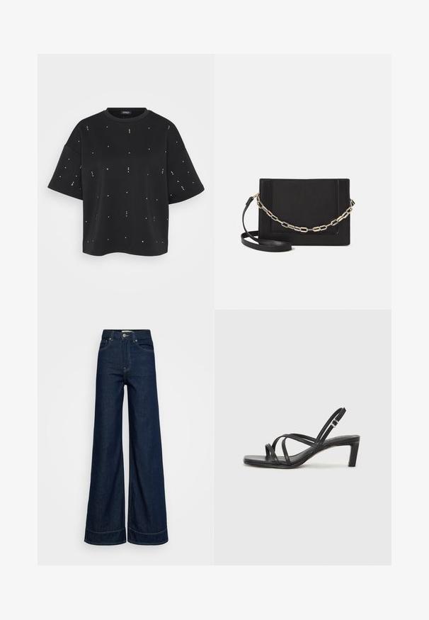Črna kratkosleča majica iz mehke tkanine, okrašena z razpršenimi kovinskimi žebljički. Preprost krogec in ohlapen kroj.; Temno modre jeans hlače z visokim pasom in širokimi nogavicami, z prednjimi žepi, zanke za pas, gumbom za zapiranje in vidno šivinami na belem ozadju.; Črne natikače s trakovi in kvadratnim prstom ter nizkim blokastim peto. Imajo več tankih trakov in nastavljiv trak okoli gležnja. Narejene so iz gladkega usnja.; Črna usnjena torba čez ramo z gladko teksturo, pravokotno obliko in kovinskim verižnim detajlom spredaj. Vključena je nastavljiva naramnica.