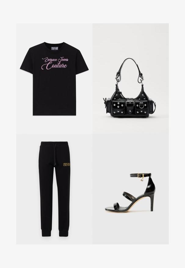 Melns kokvilnas t-krekls ar īsām piedurknēm, kura krūtīs ir rozā akmens pērlītēm rotāts "Versace Jeans Couture" uzraksts.; Melnas sporta bikses no mīksta auduma, ar elastīgu jostasvietu, kas aprīkota ar auklu, un dzeltenu izšūtu "VERSACE JEANS COUTURE" logo.; Melnas lakota ādas sandalēs ar trim siksnām, potītes sprādzi un 4 collu stiletto papēdi. Iespējas ar zelta detaļām un logotipa piekariņu.; Melnas ādas rokturmais ar izliekumu, ar sudraba iedurtiem, sprādzi un divām sānu kabatām. Regulējams siksniņas garums dažādām nēsāšanas iespējām.