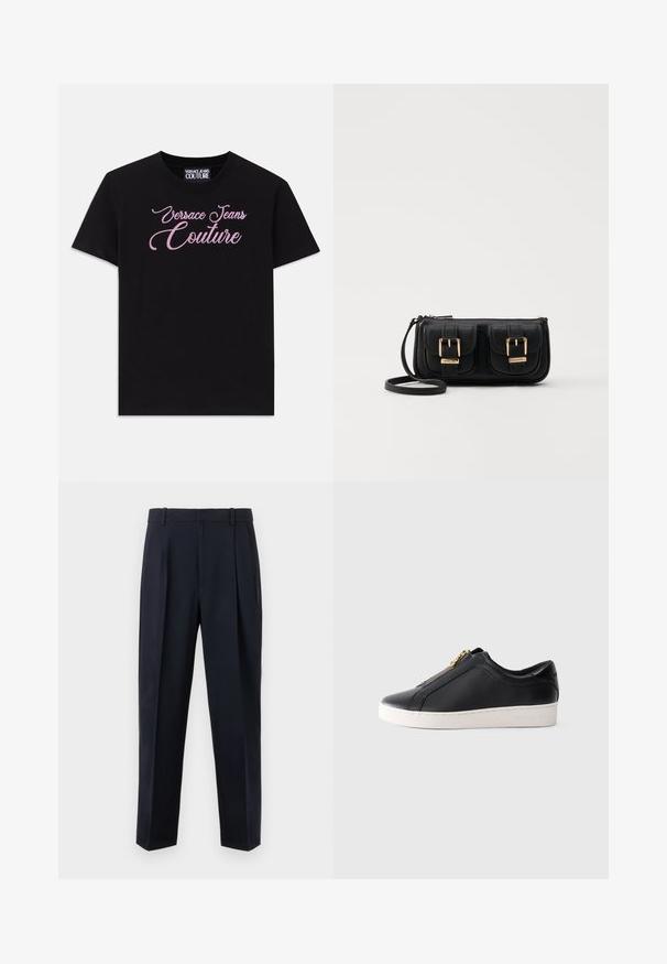 Juodas medvilninis marškinėliai trumpomis rankovėmis su rožiniais kristalais papuoštomis "Versace Jeans Couture" užrašais per krūtinę.; Tamsiai mėlynos jūrinės spalvos įliemenuotos kelnės su aukštu liemeniu, klostėtu priekiu, šoninėmis kišenėmis ir tiesių kojų kirpimu. Pagamintos iš lygaus, lengvo audinio.; Juodos odinės žemos sportinės bateliai su balta padu ir auksiniu užtrauktuku, šoninis vaizdas, minimalistinis stilius ant vientiso fono.; Juodas odinis per petį nešiojamas krepšys su dviem priekiniais kišenėmis, auksiniais sagtimis, užtrauktuko uždarymu ir siauromis petnešomis. Textūruota paviršius ir kompaktiškas stačiakampis formatas.