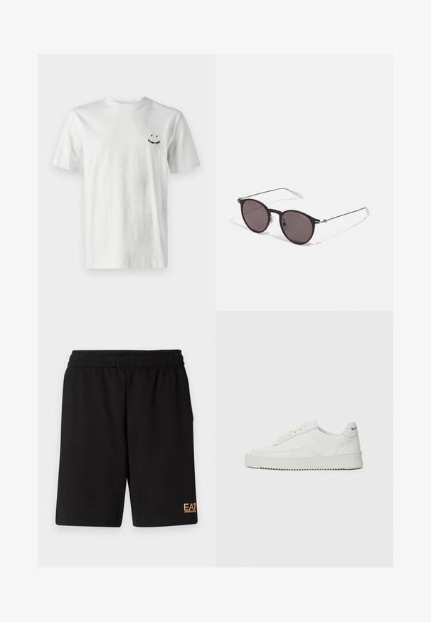 PS Paul Smith HAPPY REGULAR FIT - Basic póló - whites; Fekete sportnadrág puha anyagból, rugalmas derékkal és egy kis sárga EA7 logóval a bal alsó lábszáron.; Fehér bőr sportcipő sima felülettel, kerek orral, lapos fűzőkkel és texturált talppal. Finom logó található a sarokon.; Fekete kerek napszemüveg sötét lencsékkel és karcsú fém szárakkal. Átlátszó szárvégeket és ezüst részleteket tartalmaz az ívnél. Minimalista dizájn.