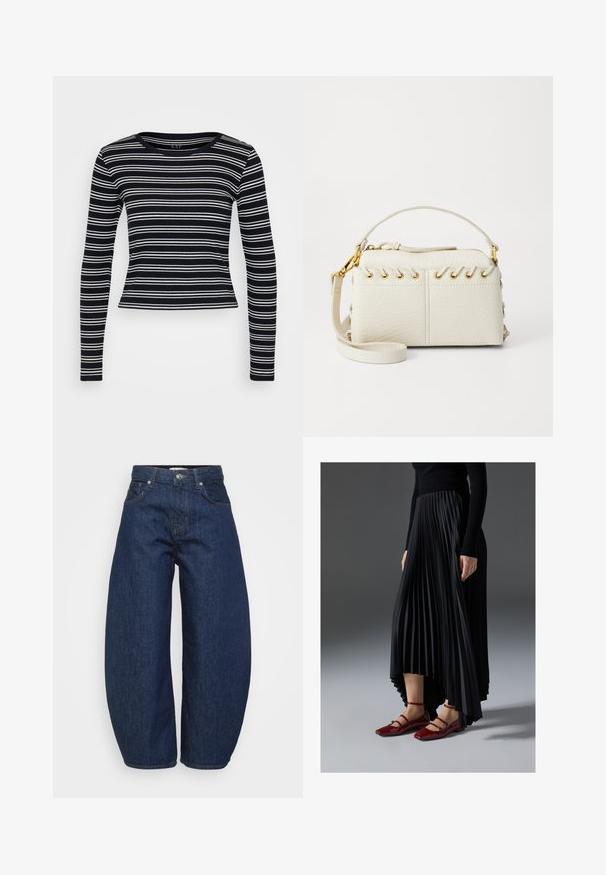 Schwarz-weiß gestreiftes Langarm-T-Shirt mit Rundhalsausschnitt und taillierter Passform. Hergestellt aus geripptem Stoff mit glatter Textur.; Hochtaillierte dunkelblaue Denim-Jeans mit weitem Bein, Knopf- und Reißverschluss vorne sowie klassischem Fünf-Taschen-Design.; Schwarzer, plissierter Rock mit einem High-Low-Saum, kombiniert mit glänzenden roten Ballerinas mit einem Riemen-Design. Der Stoff hat eine glatte Textur.; Weiße Kunstlederhandtasche mit einem oberen Reißverschluss, einem kurzen Griff und einem abnehmbaren Schultergurt mit goldfarbener Hardware. Seitliche Schnürdetails.; Silberne Creolen mit polierter Oberfläche, die kleine goldene Akzentdetails und eine runde Form aufweisen, am Ohrläppchen getragen.