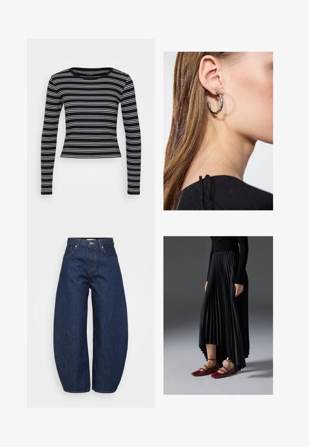 Juodai balti dryžuoti ilgomis rankovėmis marškiniai su apvalia iškirpte ir prigludusiu siluetu. Pagaminti iš raukšlėtos medžiagos, turinčios lygią tekstūrą.; Aukštai juosmens tamsiai mėlynos džinsinės kelnės su plačiomis kojomis, priekyje esančiu mygtuku ir užtrauktuku, bei klasikine penkių kišenių išvaizda.; Juoda plisuota sijonas su aukštesniu priekiniu kraštu, derinamas su blizgiomis raudonomis plokščiomis bateliais, turinčiais dirželio dizainą. Medžiaga yra glotni.; Sidabrinė lankinė auskarai su poliruotu paviršiumi, turintys mažus auksinius akcentus ir apvalią formą, dėvimi ant ausies kaušelio.