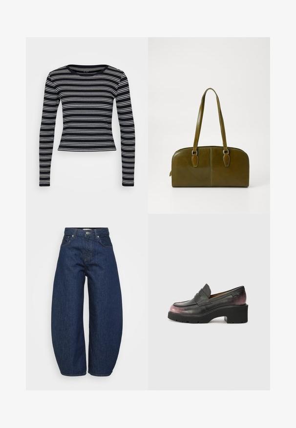 Zwart-witte gestreepte longsleeve t-shirt met een ronde halslijn en een aansluitend ontwerp. Gemaakt van ribstof met een gladde textuur.; Hoge taille donkerblauwe denim jeans met wijde benen, voorzijde met knoop en ritssluiting en klassiek vijf-pocket ontwerp.; Zwarte leren instappers met een ronde neus, accentriem en een tonale gradient van zwart naar donkerroze bij de hak. Beschikt over een chunky zool.; Olijfgroene leren handtas met een ronde vorm, dubbele handvatten en een naadloze voorkant. Kenmerkt zich door een gladde textuur en subtiele stikdetails.; Zilveren oorbel met een gepolijste afwerking, met kleine gouden accentdetails en een ronde vorm, gedragen op de oorlel.