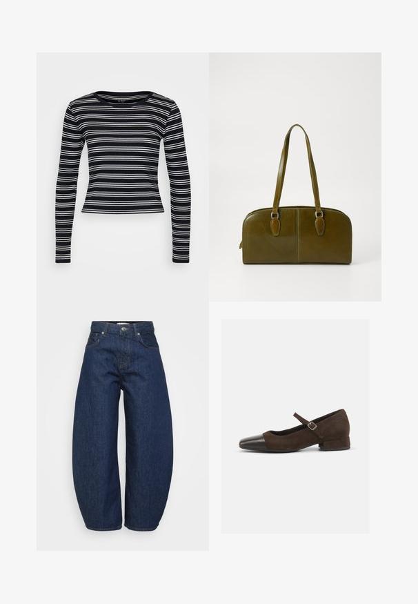 Randig långärmad t-shirt i svart och vitt med rund halsringning och en figurnära design. Tillverkad av ribbat tyg med en jämn textur.; Mörkblå jeans i denim med en vid, avslappnad passform. Har dragkedja, fyra fickor och kontrasterande sömmar längs sömmarna.; Brun mockaskinn Mary Jane-sko med en tåhätta i svart lackläder, justerbart band och en låg blockklack. Slät yta med minimala detaljer.; Olivgrön läderhandväska med rundad form, dubbla handtag och sömlig front. Har en len yta och subtila sömnadsdetaljer.; Silverörhänge med polerad yta, med små detaljer i guld och rund form, bärs på loben.