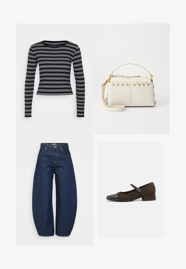 Zwart-witte gestreepte longsleeve t-shirt met een ronde halslijn en een aansluitend ontwerp. Gemaakt van ribstof met een gladde textuur.; Hoge taille donkerblauwe denim jeans met wijde benen, voorzijde met knoop en ritssluiting en klassiek vijf-pocket ontwerp.; Bruine suède Mary Jane-schoen met een zwarte lakleren neuskap, een verstelbare band en een lage blokhak. Gladde textuur met minimale accenten.; Witte neplederen handtas met een bovenrits, een kort handvat en een afneembare schouderriem met gouden hardware. Zijde met vetersluiting.; Zilveren oorbel met een gepolijste afwerking, met kleine gouden accentdetails en een ronde vorm, gedragen op de oorlel.