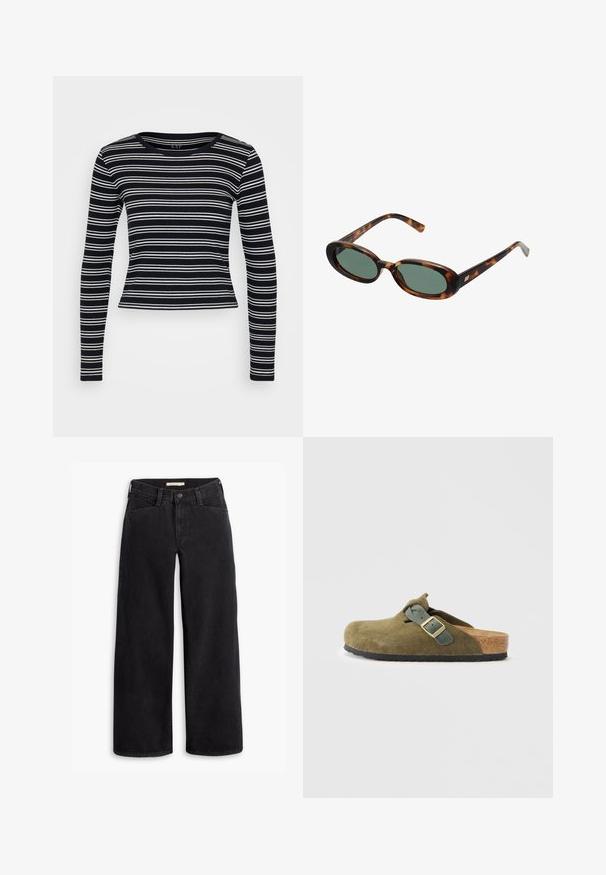 Camisola de manga longa às riscas em preto e branco com decote redondo e design ajustado. Feita de tecido canelado com uma textura suave.; Jeans de perna larga pretos feitos de denim. Apresentam uma cintura alta, bolsos frontais e um fecho de correr com botão. Textura suave.; Tamanco em camurça verde-oliva com palmilha em cortiça. Apresenta uma alça com fivela e um bico redondo, com uma sola exterior de borracha texturizada.; Óculos de sol de tartaruga com armações ovais e lentes verdes. Caracterizam-se por hastes finas com um destaque metálico perto das dobradiças.; Mala de mão de couro verde-oliva com uma forma arredondada, alças duplas e frente sem costuras. Apresenta uma textura suave e detalhes de costura discretos.