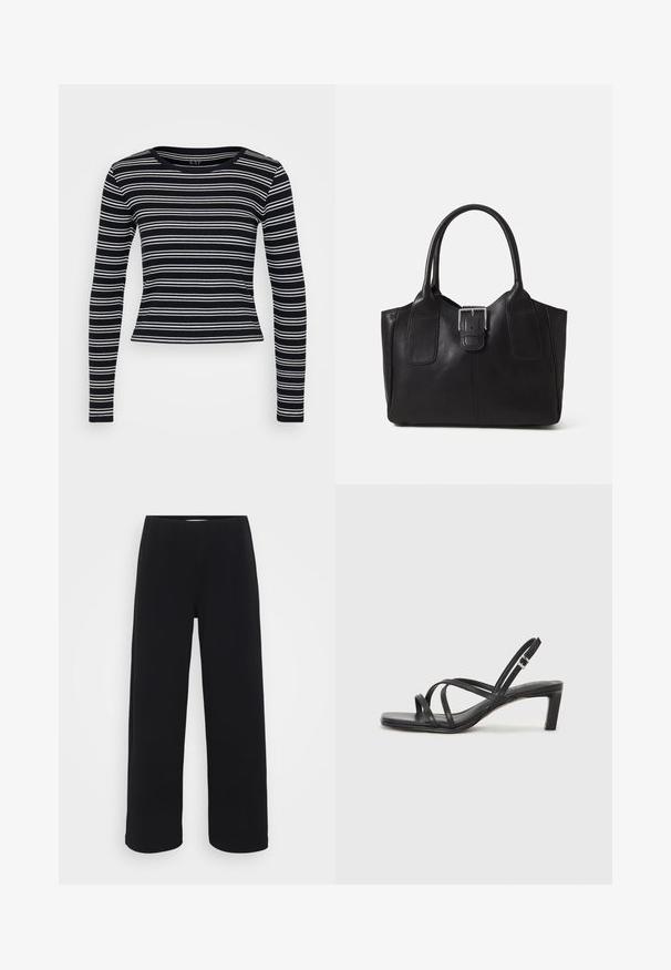 Schwarz-weiß gestreiftes Langarm-T-Shirt mit Rundhalsausschnitt und taillierter Passform. Hergestellt aus geripptem Stoff mit glatter Textur.; Schwarze weit geschnittene Hose mit elastischem Bund. Hergestellt aus einem strukturierten Material, mit lockerer Passform und geradem Schnitt von der Hüfte bis zum Saum.; Schwarze Sandale mit Riemchen, quadratischer Zehenform und niedrigem Blockabsatz. Verfügt über mehrere dünne Riemen und einen verstellbaren Knöchelriemen. Hergestellt aus glattem Leder.; Schwarze Leder-Tote mit glatter Textur, strukturiertem Design, zwei Griffen und einem auffälligen silbernen Schnallen-Detail auf der Vorderseite.
