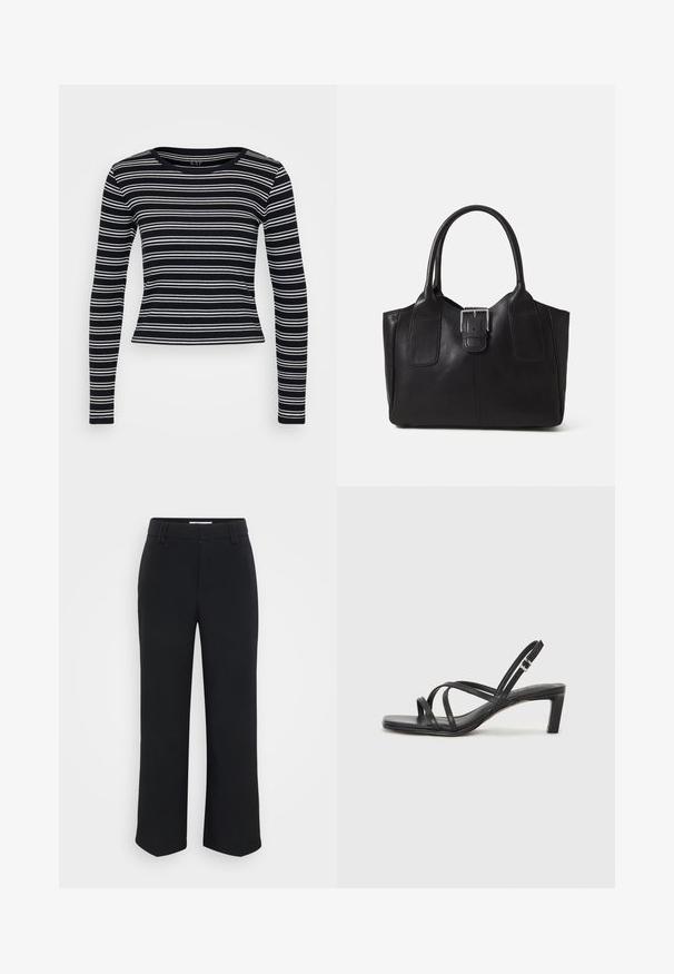Melnbaltu svītru garo piedurkņu T-krekls ar apaļu kakla izgriezumu un pieguļošu dizainu. Izgatavots no ribota auduma ar gludu tekstūru.; Melnas platās bikses ar gludu tekstūru, ar platu jostasvietu un sānu kabatām, veidotas minimalistiskā estētikā.; Melnas strappy sandales ar kvadrātveida purngaliem un zemu bloku papēdi. Ievērojamas ar vairākiem plāniem siksniņām un regulējamu potītes siksniņu. Izgatavotas no gludas ādas.; Melnas ādas somiņa ar gludu tekstūru, strukturētu formu, divām rokturām un izteiktu sudraba sprādzi priekšpusē.; Sudraba divu joslu gredzens ar gludu, pulētu virsmu. Iezīmējas ar plūstošu, izliekta dizaina struktūru ar pārklājošām sekcijām modernam izskatam.