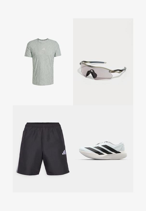 Svijetlozeleni majica kratkih rukava s teksturiranim uzorkom valova i bijelim logotipom na prsima. Okrogli izrez s kontrastnim rubom.; Crne atletske kratke hlače s elastičnom pojasevima, koje imaju tri bijele vertikalne pruge sa svake strane i mali bijeli logo na donjoj lijevoj strani.; Lagane tenisice za trčanje u svijetloplavoj boji s crnim trakama. Imaju glatku gornju površinu, okrugli vrh i debeli bijeli srednji sloj označen "LIGHTSTRIKE PRO."; Naočale za sunce s prozirnim sivim okvirom, obojenim lećama i kutnim dizajnom. Imaju izraženu nosnicu i teksturirane tamnosive temple.