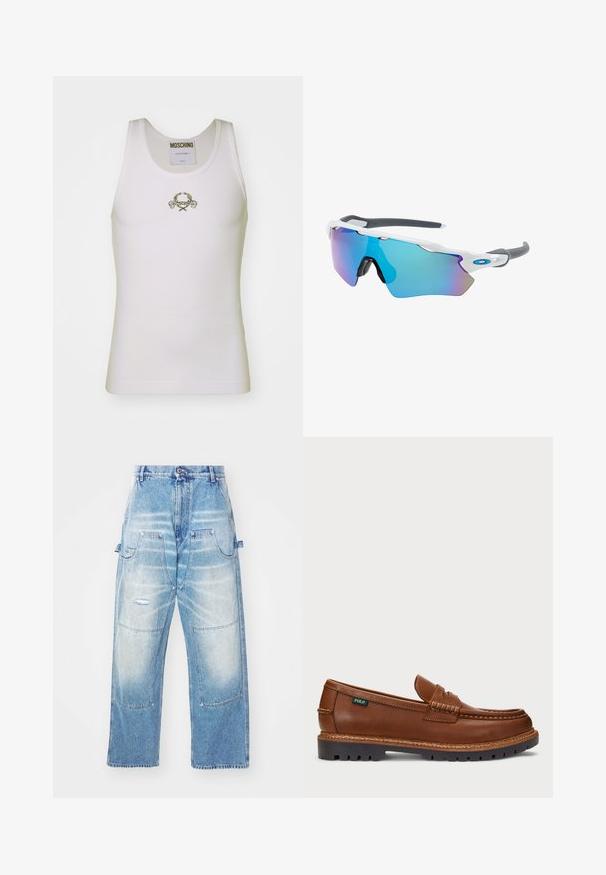 White ribbed tank top featuring a gold embroidered logo with decorative accents, round neckline, and sleeveless design.; Light blue denim pants with a loose fit, featuring multiple pockets, distressed details, and a faded finish. Straight leg design.; Brown leather loafer with decorative stitching and a textured toe. The sole features a rugged design, offering traction and durability.; Sunglasses with a white frame, gray accents, and blue mirrored lenses. Sporty design, wraparound shape, and adjustable nose pads.