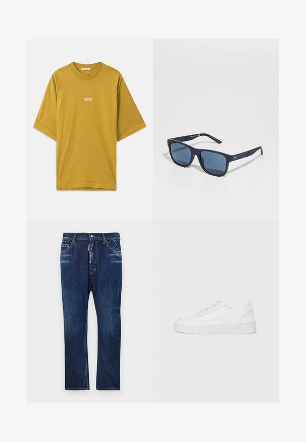 Horčicovožlté bavlnené tričko s okrúhlym výstrihom, krátkymi rukávmi a malou obdĺžnikovou nálepkou s názvom značky v červenej farbe.; Tmavomodré denimové džínsy s rovnym strihom, ktoré sa vyznačujú svetlým vyblednutím, žltým prešívaním, prednými vreckami a zapínaním na gombík.; Biele nízke tenisky s šnúrkami, hladkým vrchom a gumovou podrážkou na svetlom pozadí.; Modré obdĺžnikové slnečné okuliare s tmavými sklami, matný námorní rám, detail loga na spánku, priamé ramená a pevná, hladká textúra.