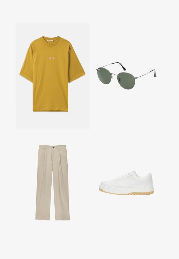 Tricou din bumbac de culoare galben muștar, cu guler rotund, mâneci scurte și o etichetă mică rectangulară cu numele brandului în roșu.; Pantaloni bej cu croi drept, dotati cu un singur nasture negru, bucle pentru centură și buzunare laterale. Textură de țesătură netedă și design minimal.; Sneaker alb din piele cu o finisare texturată, având o talpă din cauciuc, un design cu șireturi și accente subtile sub formă de dungi pe laturi.; Ochelari de soare cu ramă metalică, dotati cu lentile ovale verzi. Ramă subțire din metal argintiu și ușițe negre. Design minimalist, fără logo-uri vizibile.