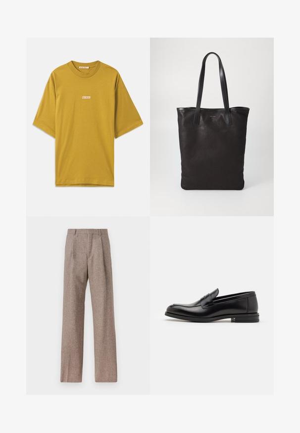 Mosterdgele katoenen t-shirt met een ronde hals, korte mouwen en een klein rechthoekig label met de merknaam in het rood.; Bruine, hooggewaisted broeken van een gestructureerde stof. Heeft wijde benen en twee voorplooien voor extra structuur. Net afgewerkt zonder zichtbare hardware.; Zwarte leren instappers met een gladde textuur, ronde neus en een decoratieve band over de wreef. Lage, gestapelde hak en minimalistisch ontwerp.; Zwarte canvas schoudertas met zwarte leren handvaten. Eenvoudig ontwerp, ruime body en een gladde textuur. Geen zichtbare logo's of patronen.