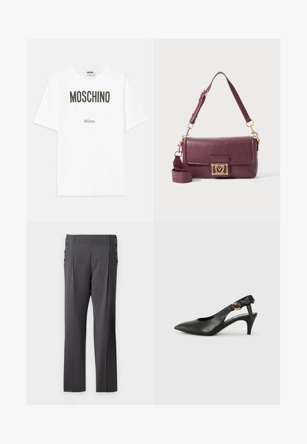 Biała bawełniana koszulka z odważnym czarnym napisem: "MOSCHINO" na górze oraz "Milano" poniżej, luźny krój z standardowymi krótkimi rękawami.; Szare eleganckie spodnie o prostym kroju, z fałdami z przodu i dekoracyjnymi guzikami po bokach dla dodatkowego efektu. Gładka faktura materiału.; Czarne skórzane szpilki slingback z ostrym noskiem, małym obcasem i zapięciem na klamrę przy pasku kostki. Gładka tekstura, minimalistyczny design.; Ciemnofioletowa skórzana torba na ramię z złotym zapięciem w kształcie serca i regulowanym paskiem na górze na białym tle.