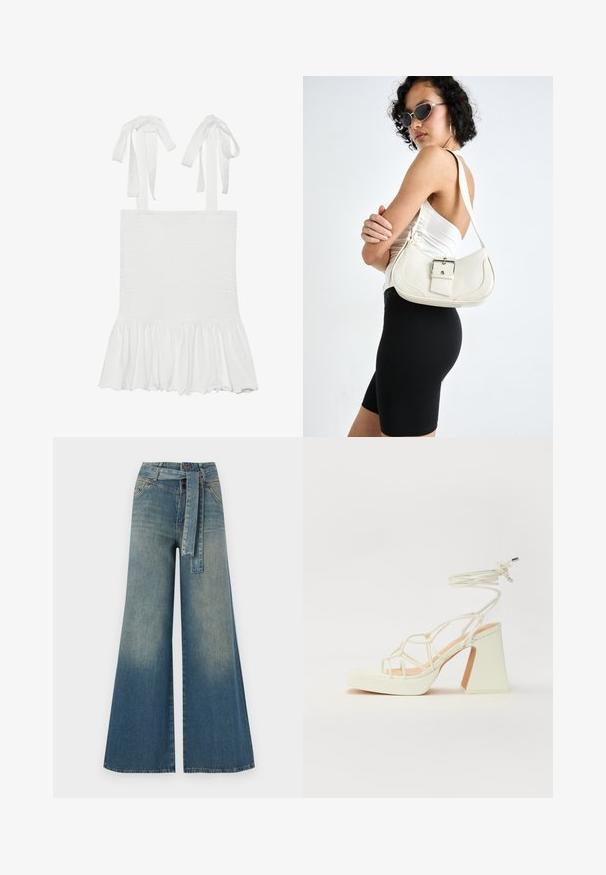Balta šifonu peršviesta suknelė su raukiniais apatinėje dalyje, turinti reguliuojamas raišteles ant petnešų. Lygus paviršius ir lengvas audinys.; Platus džinsinis kelnes su šviesiai tamsiai mėlynu gradientu, aukštu juosmeniu, diržo kilpomis ir atitinkančiu audinio diržu. Textūruotas džinsinis paviršius.; Balti aukštakulniai sandalai su masyviu kulnu, su dirželių dizainu ir kulkšnies raiščiu. Lygi tekstūra su platforma priekyje, suteikianti papildomą aukštį.; Balta odinė rankinė su kreiva forma, reguliuojama dirželiu ir mažu sagties akcentu. Modelis vilki priglundančius juodus drabužius.