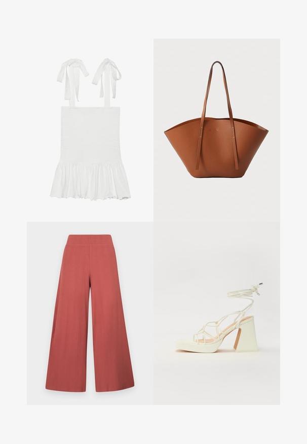 White smocked tank top with ruffled hem, featuring adjustable ties on shoulder straps. Smooth texture and lightweight fabric.; Wide-leg trousers in a rust color, made from textured fabric with vertical ribbing. Features a high, elastic waistband.; White high-heeled sandal with a chunky heel, featuring a strappy design and ankle tie. Smooth texture with a platform front for added height.; Brown leather tote bag with a wide, structured shape, thin handles, and a textured finish. Features minimalistic design with no visible hardware.