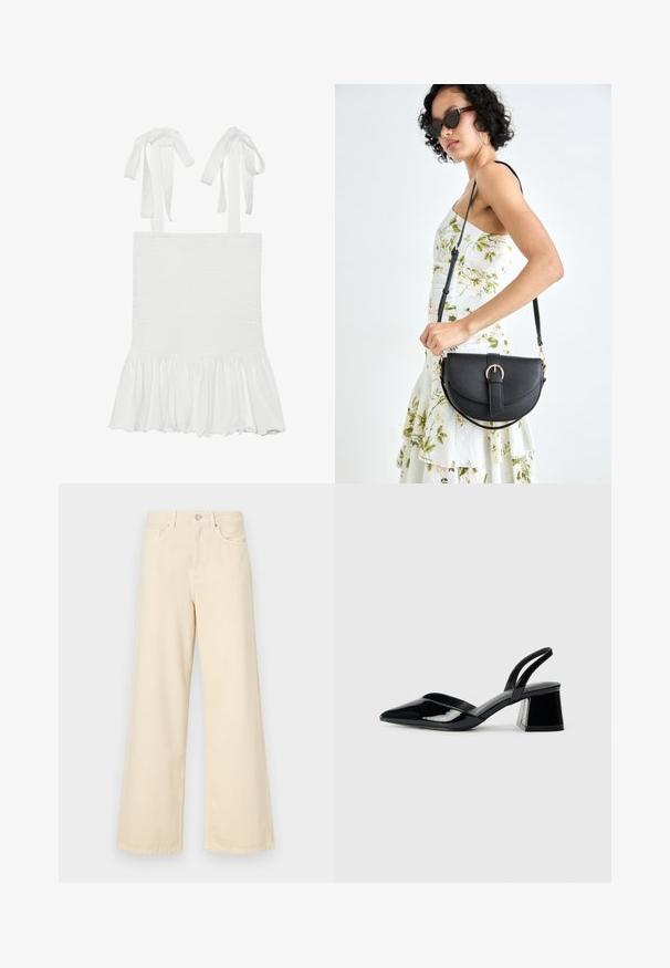 Top de tirantes blanco con smock y dobladillo con volantes, que presenta lazos ajustables en las tiras de los hombros. Textura suave y tela ligera.; Jeans de pierna ancha beige fabricados en algodón. Cuentan con un cierre de botón, presillas para cinturón y bolsillos frontales con una textura suave y lisa.; Zapatos de tacón slingback de charol negro con punta afilada y tacón geométrico en bloque. Presentan un diseño elegante y minimalista, así como una textura suave.; Bolso de piel negra con forma curva, correa desmontable y herrajes dorados. El bolso cuenta con una solapa con un detalle de hebilla.