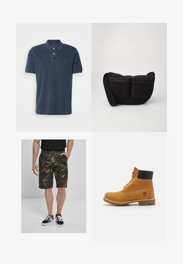 Tengerészkék pamut póló, klasszikus gallérral, rövid ujjakkal, két gombos kivágással és diszkrét logóval a mellkasán.; Zöld és barna árnyalatú, szövetből készült kamuflázs cargo rövidnadrág, cargo zsebekkel. Fekete sneaker cipőkkel párosítva, fehér fűzőkkel.; Barna bőrből készült bokacsizma fém fűzőlyukakkal, fehér szőr béléssel, fekete párnázott gallérral, strapabíró talppal és dombornyomott logóval az oldalán.; Fekete kordbársony keresztpántos táska állítható pánttal, elülső zsebekkel és puha tapintással. Kompakt dizájn minimális részletezéssel.