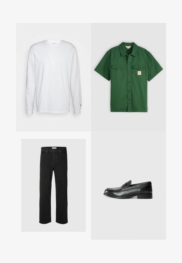 Biela dlhá bavlnená tričko s dlhým rukávom. Dizajn s okrúhlym výstrihom a rebrovanými manžetami, malá nášivka na ľavom rukáve. Hladká textura.; Zelená bavlnená košeľa s krátkym rukávom, s gombíkovým zapínaním, dvoma náprsými vreckami a malou nálepkou na ľavom vrecku. Jednoduchá, bez vzorov.; Čierne džínsové nohavice so rovnými nohavicami majú klasický dizajn s piatimi vreckami, zapínaním na gombík, minimálnym prešívaním a jemnou textúrou.; Čierne kožené loafers s hladkým povrchom, prešívaním cez vampus a mierne vyvýšeným podpätkom.