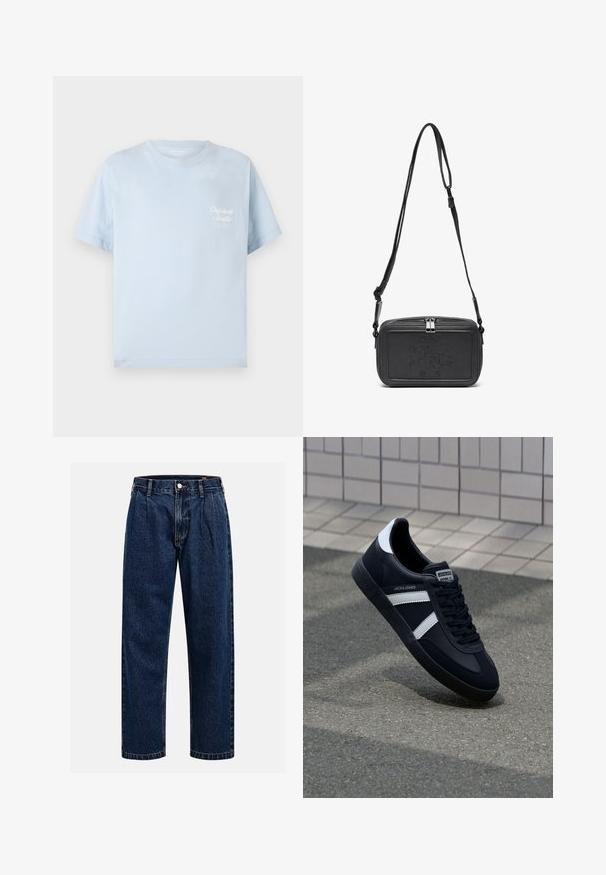 Jasnoniebieska koszulka wykonana z bawełny, z okrągłym dekoltem, krótkimi rękawami i małym białym logo na piersi, o gładkiej teksturze.; Granatowe dżinsy o prostym kroju nogawki. Posiada widoczne szwy, zapięcie na guzik oraz fałdy z przodu dla dodatkowego detalu.; Czarne skórzane sneakersy z białymi paskami, teksturowana gumowa podeszwa i sznurowane z przodu. Posiadają metkę marki na języku.; Czarna skórzana torba na ramię z zamkiem błyskawicznym, wytłoczone logo na przodzie i regulowanym paskiem. Gładka tekstura w prostokątnym kształcie.