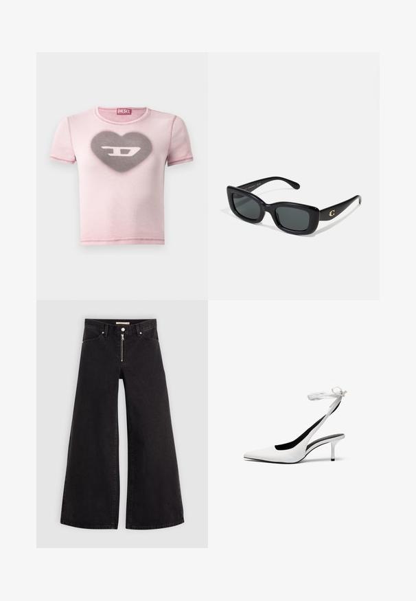 Rozā īsām piedurknēm t-krekls ar sirds dizainu centrā, kurā ir logo. Mīksta tekstūra ar kontrastējošām šuvēm.; Platas kājas džinsi melnā džinsa audumā ar rāvējslēdzēju priekšā, piecu kabatu dizains un smalkas šuvju detaļas. Gluda tekstūra un ikdienišķs stils.; Baltas, ar norādītu pirkstu, ar siksniņu ap potīti. Gluda ādas virsma, plāns stiletto papēdis un melna iekšējā oderējums.; Melnu taisnstūra saulesbrilles ar tumšiem brillu stikliem, izgatavotas no gludas plastmasas. Uz vienas rokas ir zelta logotipa akcents.