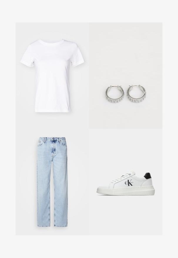 Bela bombažna majica s kratkimi rokavi, okroglo ovratnikom in subtilnim logotipom na sprednji strani. Gladka tekstura, klasičen kroj.; Svetlo modri široki džins hlače iz denima, z visokim pasom, zbledelim pranjem in subtilnim tie-dye vzorcem spredaj.; Bele nizke superge z črnim hrbtnim delom, platformo, vezalkami in Calvin Klein "CK" logotipom na strani.; Srebrni obroči s teksturiranim dizajnom, ki vsebuje navpične rebraste vzorce. Krožna oblika z varnim zapiranjem na zaponko. Gladek zaključek.