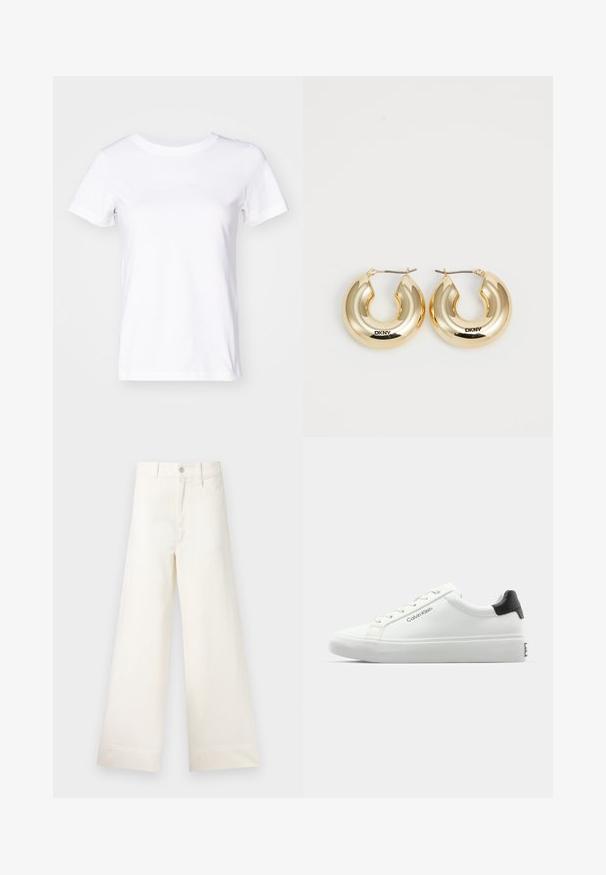 Valkoinen puuvillapaita lyhyillä hihoilla, pyöreällä kaula-aukolla ja hillityllä logotekstillä edessä. Sileä pinta, klassinen malli.; Suorat lahkeet vaaleasta beige puuvillasta. Korkea vyötärö, etutaskut ja suora leikkaus. Siisti helman viimeistely ilman kuvioita.; Valkoiset tennarit, joissa on sileä pinta, musta kantapääkorostus ja nauhakiinnitys. Sivulla on "Calvin Klein" -brändäys. Minimalistinen tyyli.; Kulta-renkaat korvakorut, joissa on sileä, pyöreä muotoilu ja kiiltävä pinta. Varustettu lukolla kiinnittämistä varten. Kaiverrettu "DKNY".