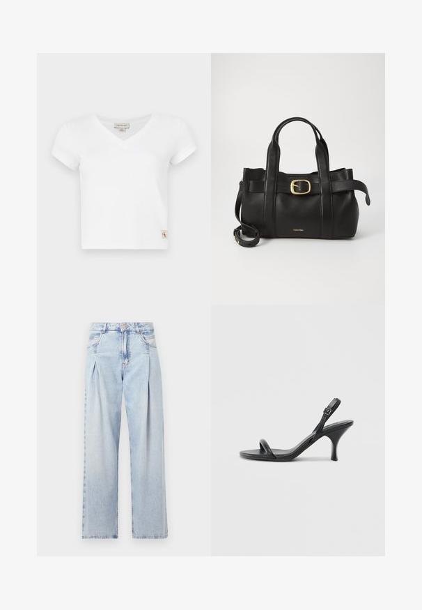 Biała koszulka polo z dekoltem w serek i krótkimi rękawami, wykonana z prążkowanej tkaniny. Posiada małą naszywkę z logo po lewej stronie w pobliżu dołu.; Jasnoniebieskie dżinsy z wysokim stanem, szerokimi nogawkami, dwoma bocznymi kieszeniami oraz plisowanym wzorem. Miękka tekstura z wyblakłym wykończeniem.; Czarne skórzane sandały na wysokim obcasie z cienkim, zakrzywionym obcasem i skrzyżowanym wzorem pasków. Regulowany pasek na kostkę. Gładka faktura.; Czarna skórzana torebka o zorganizowanej konstrukcji, z podwójnymi uchwytami u góry, akcentem w postaci złotego zapięcia oraz wytłoczonym logo marki z przodu.