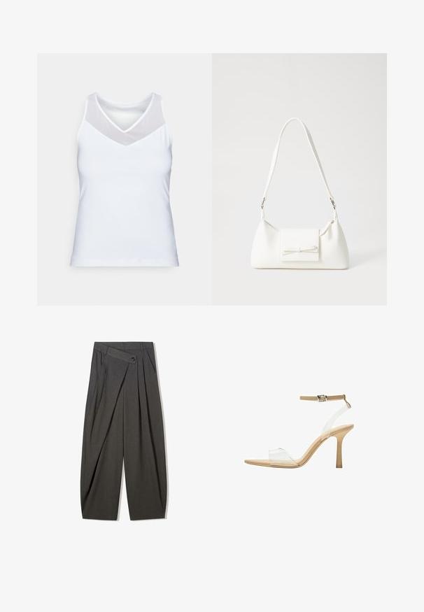 Fehér ujjatlan felső sima anyagból, V-kivágással, áttetsző hálós részletekkel a vállakon. Egyszerű és testhezálló kialakítás.; Szürke, plisírozott nadrág magas derekkal, gombos zárással és széles lábakkal. Simább, szőtt anyagból készült.; Átlátszó felsőrészű, áttetsző sarkú szandál, bézs talpbetéttel és vékony bokapánttal. Hegyes orral és vékony, magas sarokkal rendelkezik.; Fehér szintetikus kézitáska, háromszög alakú, lapos előlap, masni részlettel, állítható pánttal, sima textúrával és minimalista dizájnnal.