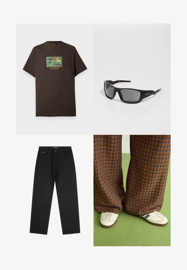 Hnědé bavlněné tričko s barevným potiskem ovoce a listů. Krátké rukávy, volný střih a kulatý výstřih.; Černé džíny s rovnými nohavicemi, s předními knoflíky a zipem, poutky na opasek a pětipocketovým designem, položeny na bílé pozadí.; Hnědo-modré kostkované široké kalhoty doplněné bílými botami s černými akcenty a texturovanou podrážkou, umístěné na zeleném pozadí.; Černé sluneční brýle s obdélníkovým tvarem, vyrobené z odolného plastu, s šedými zrcadlovými skly a zlatým akcentem po straně.