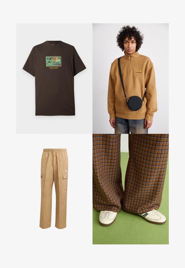Brun bomulds t-shirt med et farverigt grafisk motiv af frugter og blade. Korte ærmer, afslappet pasform og rund hals.; Lysebrune cargo-bukser med elastisk talje, to sidelommer og et lille hvidt logo på øverste venstre lår. Glat tekstur.; Brune og blå ternede brede benbukser parret med hvide sko med sorte accenter og strukturerede såler, sat mod en grøn baggrund.; Brun fleece sweatshirt med kvart lynlås og broderet logo, iført en sort rund crossbody taske med lynlås og logodetalje over denim.