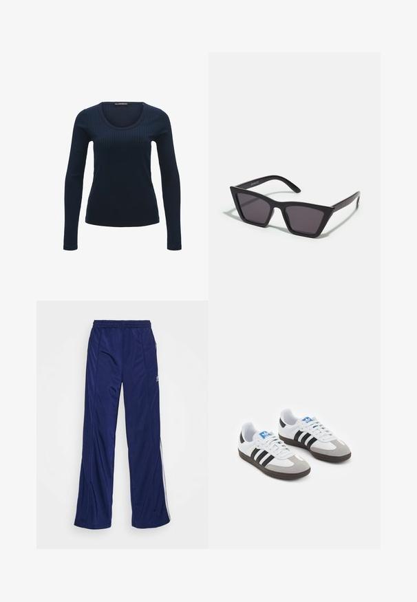 Langarm ribbel T-shirt in donkerblauw, met een ronde halslijn en een strakke pasvorm, gemaakt van zachte, rekbare stof.; Marine blauwe sportbroeken met een elastische tailleband, rechte pijpen en zijritsen. Heeft witte piping langs de zijkanten. Soepele stofstructuur.; Sportschoenen met een witte leren bovenkant, grijze suède neus en drie zwarte strepen. Bevat een blauw logo op de tong en een gestructureerde rubberen zool.; Zwarte, hoekige zonnebril met grijze lenzen; gemaakt van plastic, met dikke armen met een gladde oppervlakte en zonder zichtbare hardware.