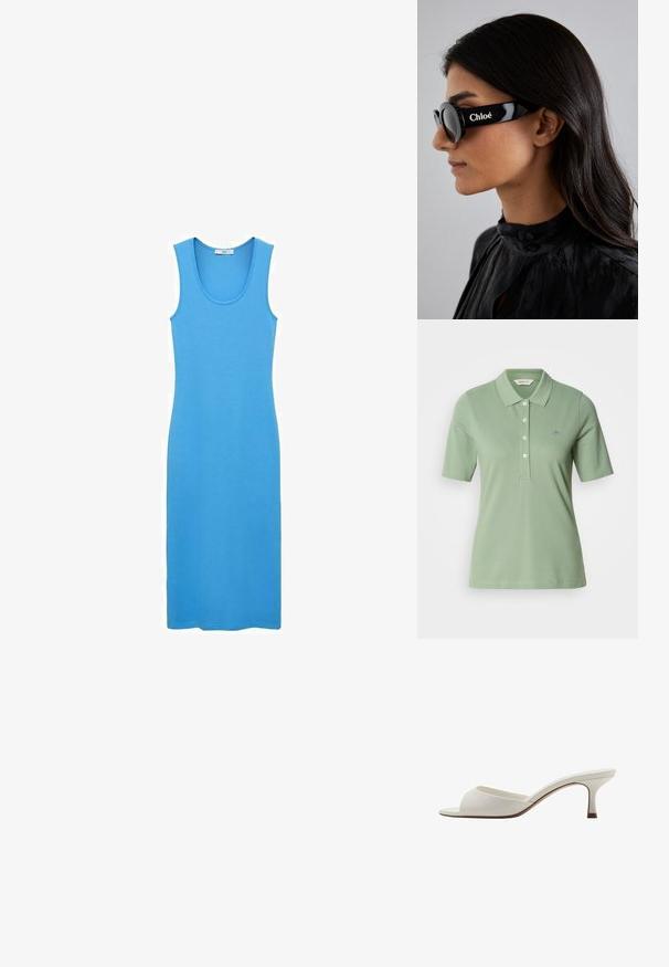 Polo verde din bumbac, cu o croială ajustată, guler polo, mâneci scurte și un mic logo brodat pe piept.; Rochie bleu tip tank, realizată dintr-un material neted și elastic, cu decolteu rotund și o croială strânsă, până la gleznă. Fără modele vizibile sau accesorii.; Mule-uri albe cu vârf deschis, cu toc înalt, cu un finisaj neted, design minimalist și un toc subțire, având un accent subtil de culoare maroniu pe talpă.; Ochelari de soare negri cu lentile rotunde și rame îndrăznețe, unghiulare, având marca "Chloé" în alb pe lateral. Finisaj neted și lucios.; Ceas rotund din oțel inoxidabil cu brățară din linkuri metalice argintii și aurii. Dialul alb are accente aurii și un bezel încrustat cu cristale.