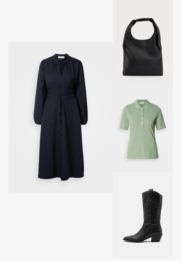 Vihreä puuvillapaita, jossa on kapea malli, polo-kaulus, lyhyet hihat ja pieni brodeerattu logo rinnassa.; Tummansininen mekko, jossa on pystysuorat raidat, pitkät hihat, poimutettu kaula-aukko ja vyötäröllä vyö. Sisältää kaksi etutaskua.; Musta nahkasaapas cowboy-malli, jossa on terävä kärki, kohokuvioituja pyörteileviä kuvioita ja keskikorkea korko. Varustettu vetoketjulla helppoa pukeutumista varten.; Musta nahkainen hobo-laukku, jossa on yksi pehmeä, pyöreä kahva; ominaisuuksina sileä pinta ja minimalistinen muotoilu. Ei näkyvää metalliosaa tai koristeita.