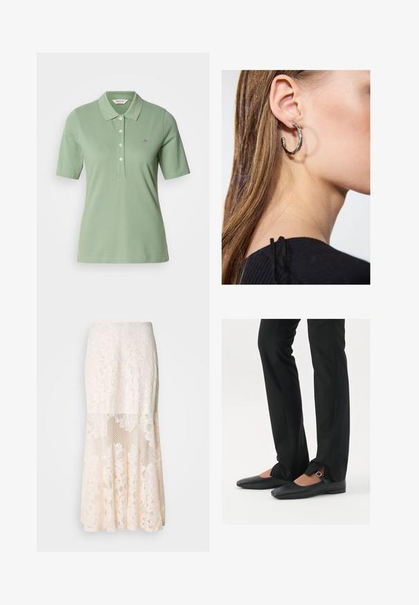 Polo verde hecho de algodón con corte ajustado, cuello tipo polo, mangas cortas y un pequeño logotipo bordado en el pecho.; Falda midi de encaje floral en crema; cuenta con un diseño en capas con secciones transparentes, encaje texturizado y un dobladillo acampanado.; Bailarinas de cuero negro con punta afilada, correa con hebilla de plata, combinadas con pantalones negros ajustados que presentan un dobladillo con abertura.; Pendiente de aro de plata con un acabado pulido, que presenta pequeños detalles en dorado y una forma redonda, llevado en el lóbulo.